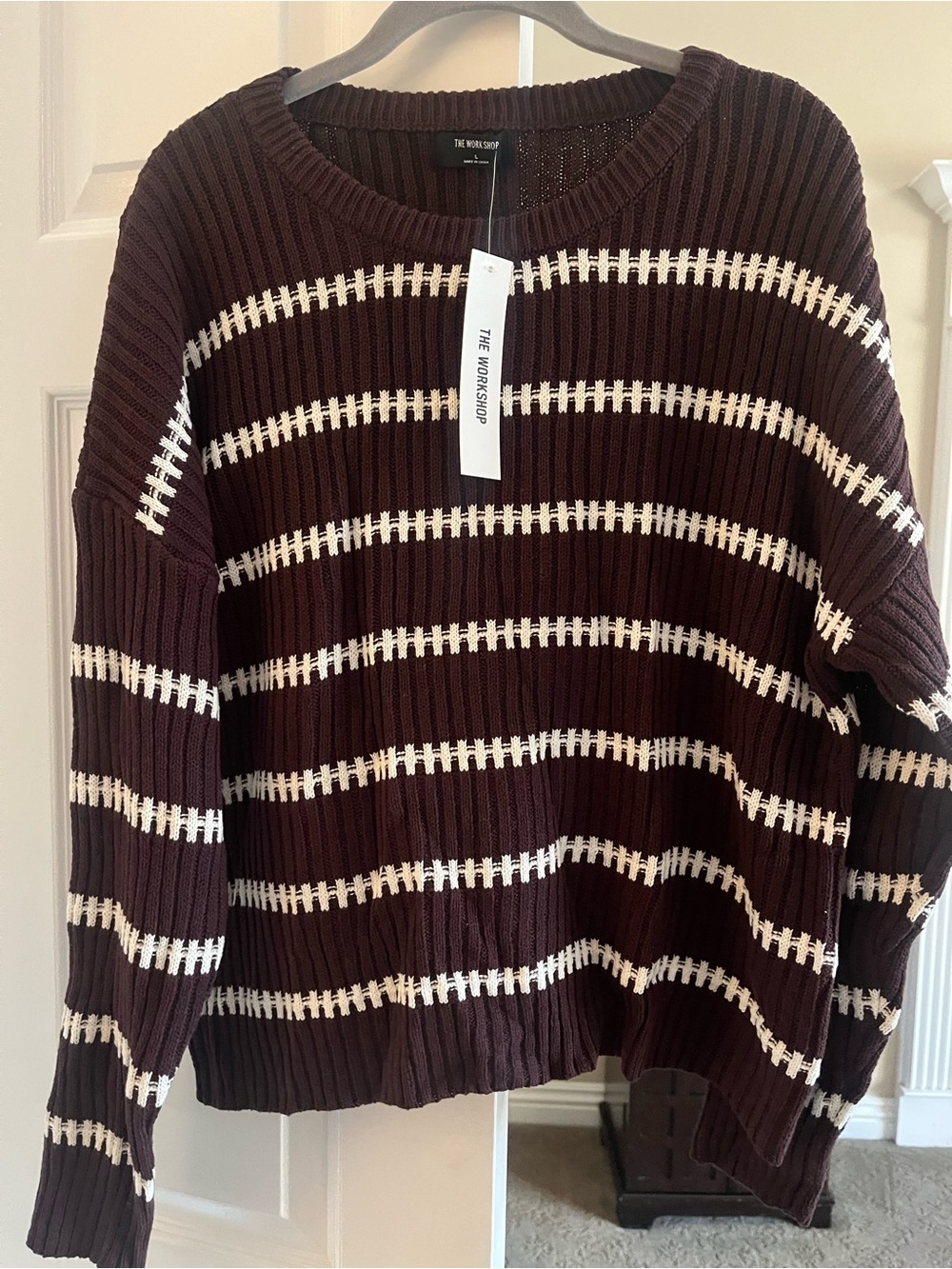 Workshop Brown and Cream Ribbed Striped Crew Sweater